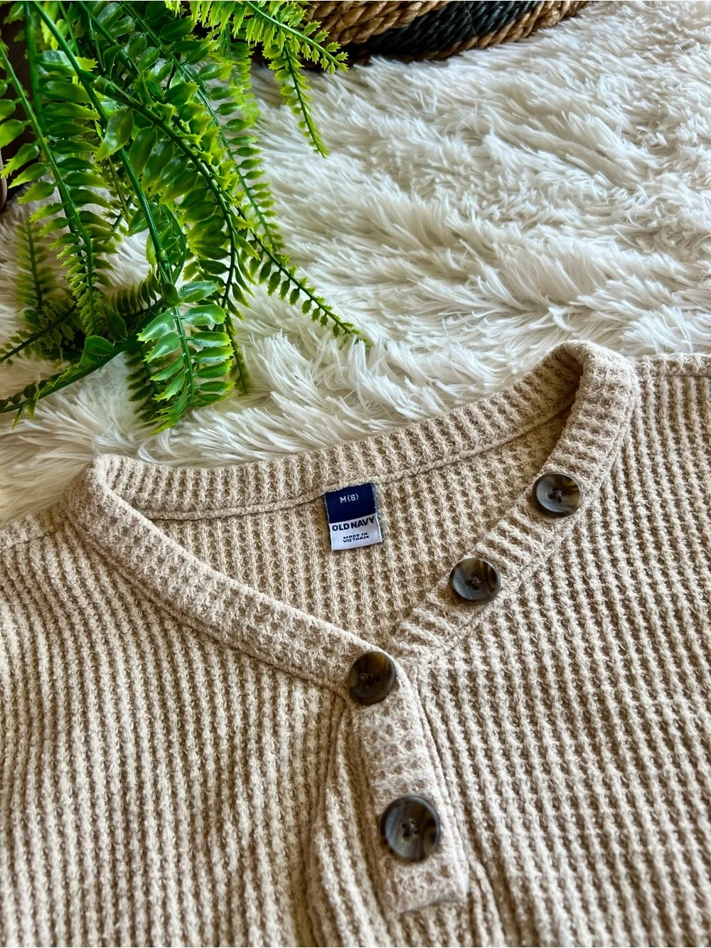 Old Navy Girls Beige Waffle Knit Henley Sweater Top Size M - 8